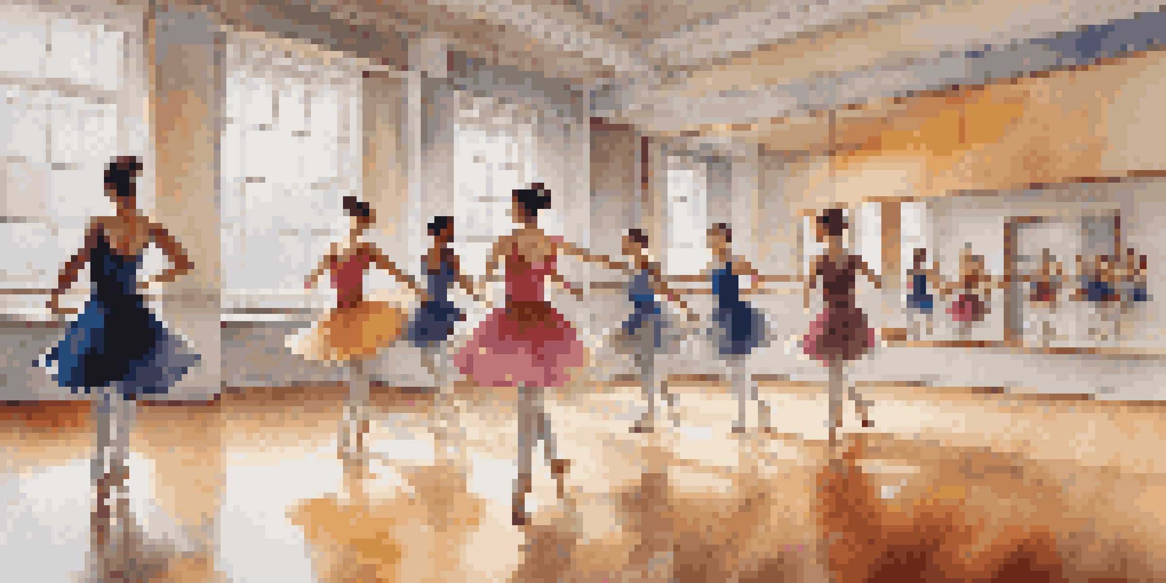 A bright dance studio with dancers practicing in colorful outfits, reflecting their movements in mirrors.