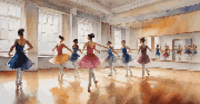 A bright dance studio with dancers practicing in colorful outfits, reflecting their movements in mirrors.
