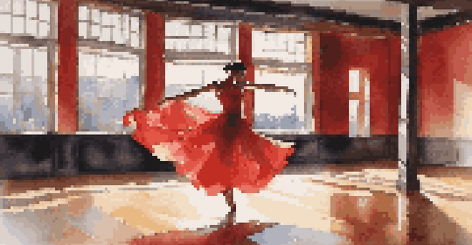 A female dancer in a red dress mid-leap in a dance studio with mirrors and sunlight streaming through windows.