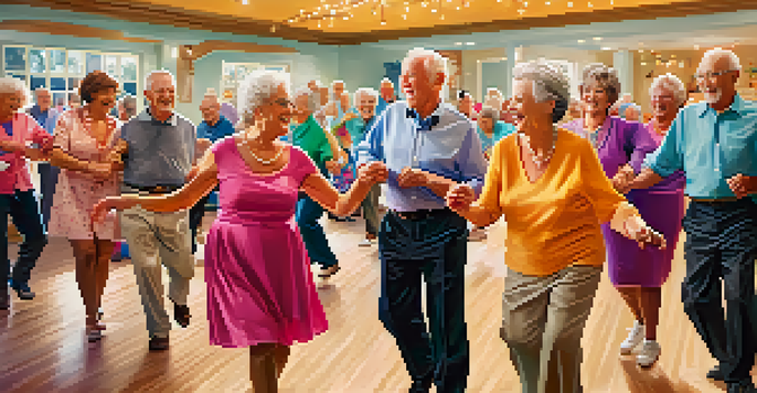 A group of smiling seniors enjoying a dance class in a bright community center, engaging in various dance styles.
