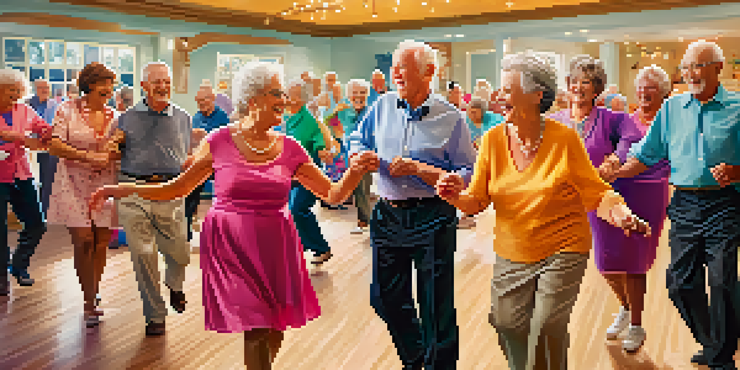 A group of smiling seniors enjoying a dance class in a bright community center, engaging in various dance styles.