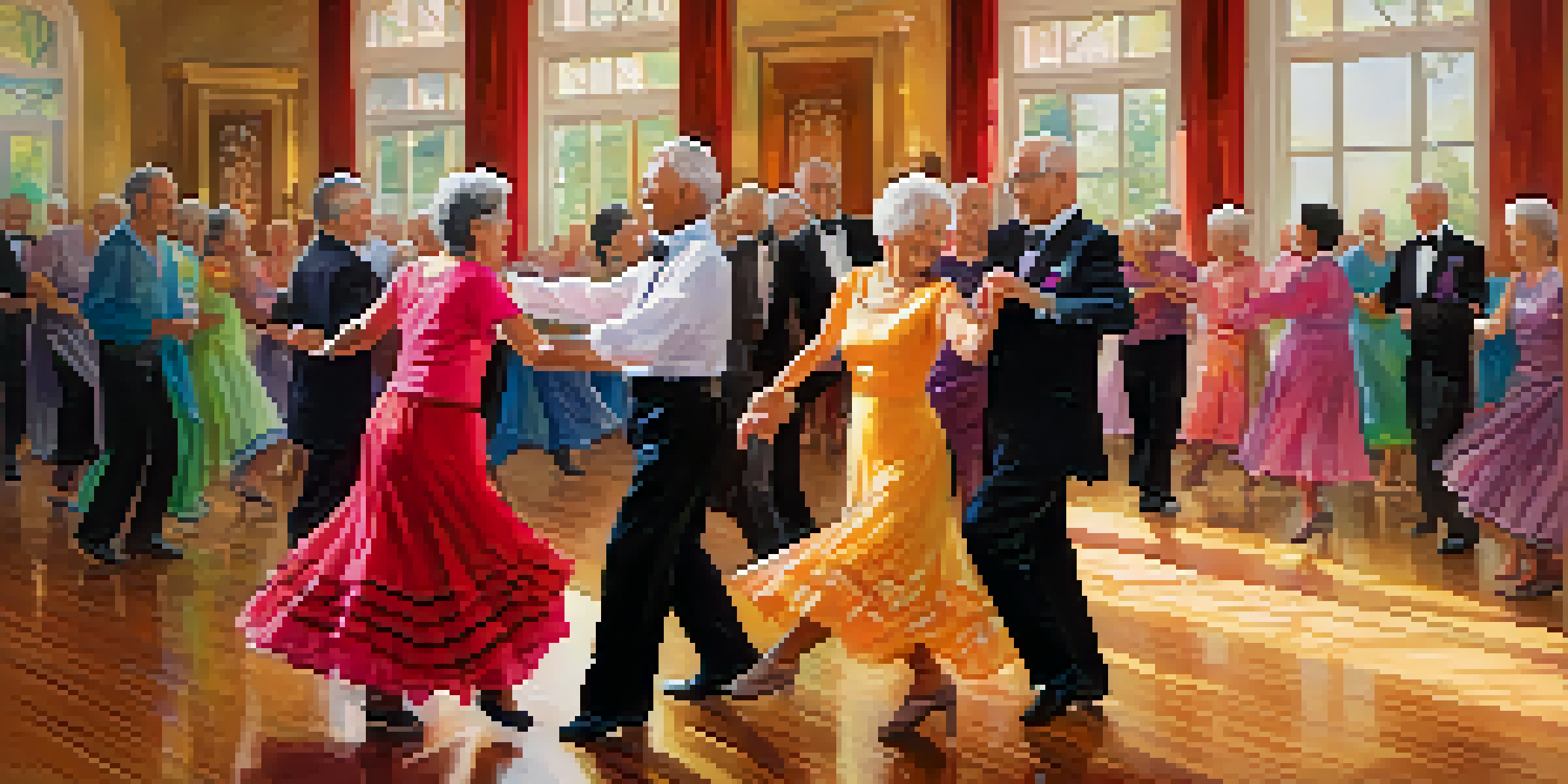 Seniors of different backgrounds dancing joyfully in a ballroom dance class, surrounded by warm lighting and mirrors.