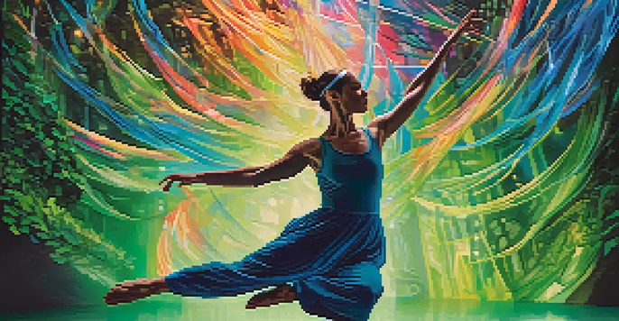A dancer performing in front of a digital forest backdrop with swirling colorful graphics.