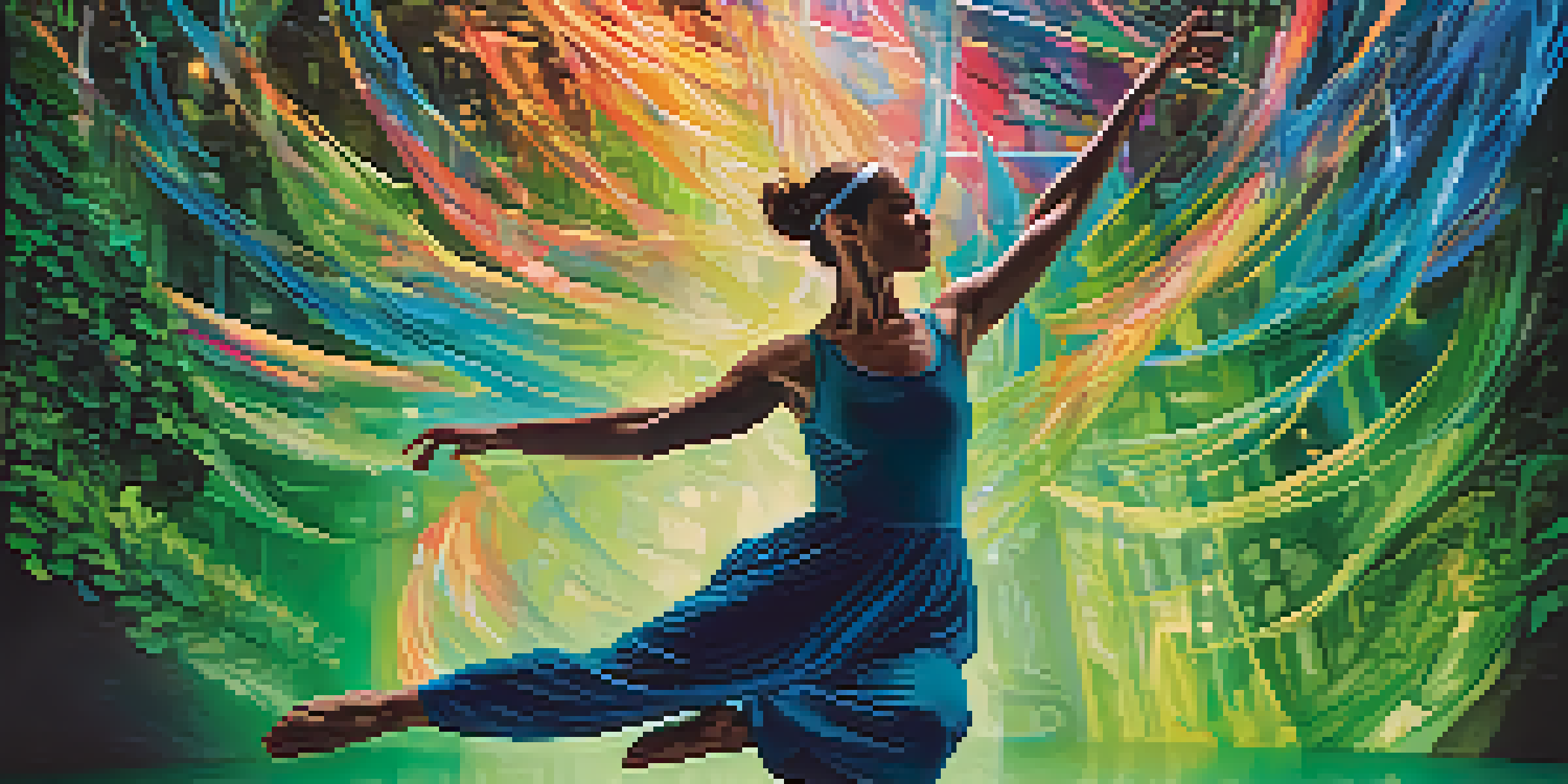 A dancer performing in front of a digital forest backdrop with swirling colorful graphics.