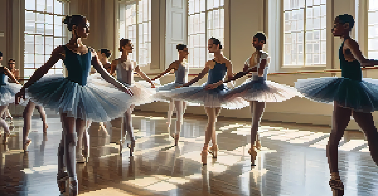 A group of ballet dancers of various backgrounds rehearsing in a studio filled with natural light, wearing different costumes.