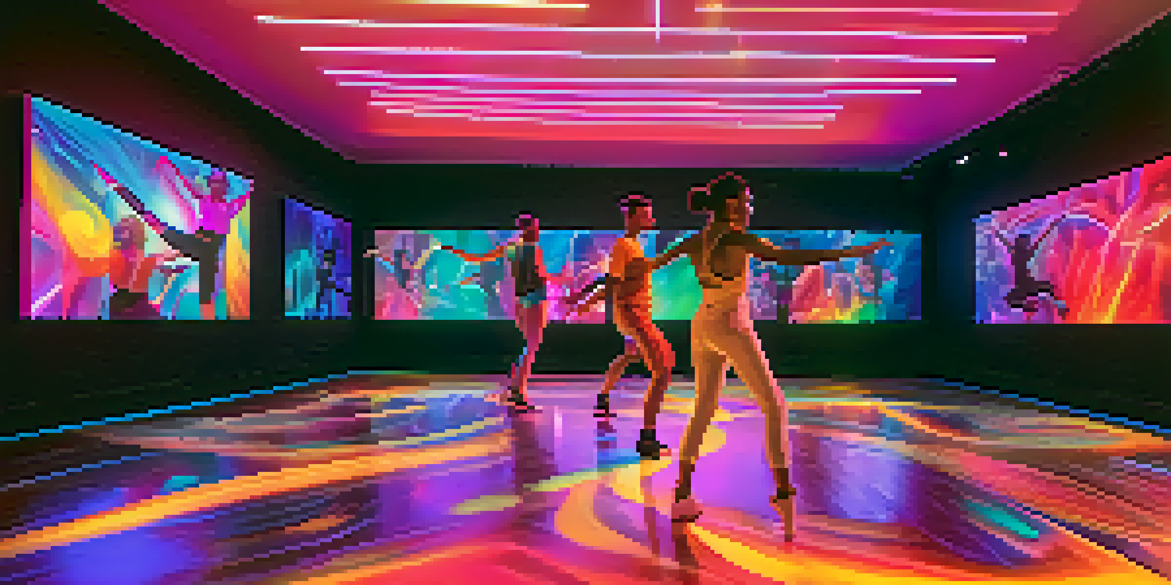 A choreographer in a VR studio with holographic dancers and colorful digital backgrounds.