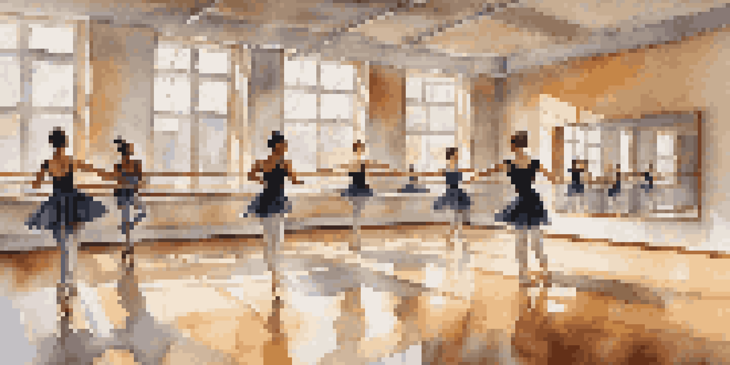 A bright dance studio with dancers of different styles practicing, including ballet, hip-hop, and contemporary dance, on a polished wooden floor.