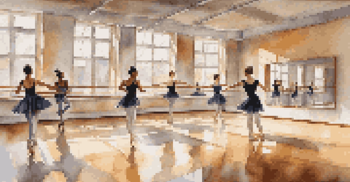 A bright dance studio with dancers of different styles practicing, including ballet, hip-hop, and contemporary dance, on a polished wooden floor.
