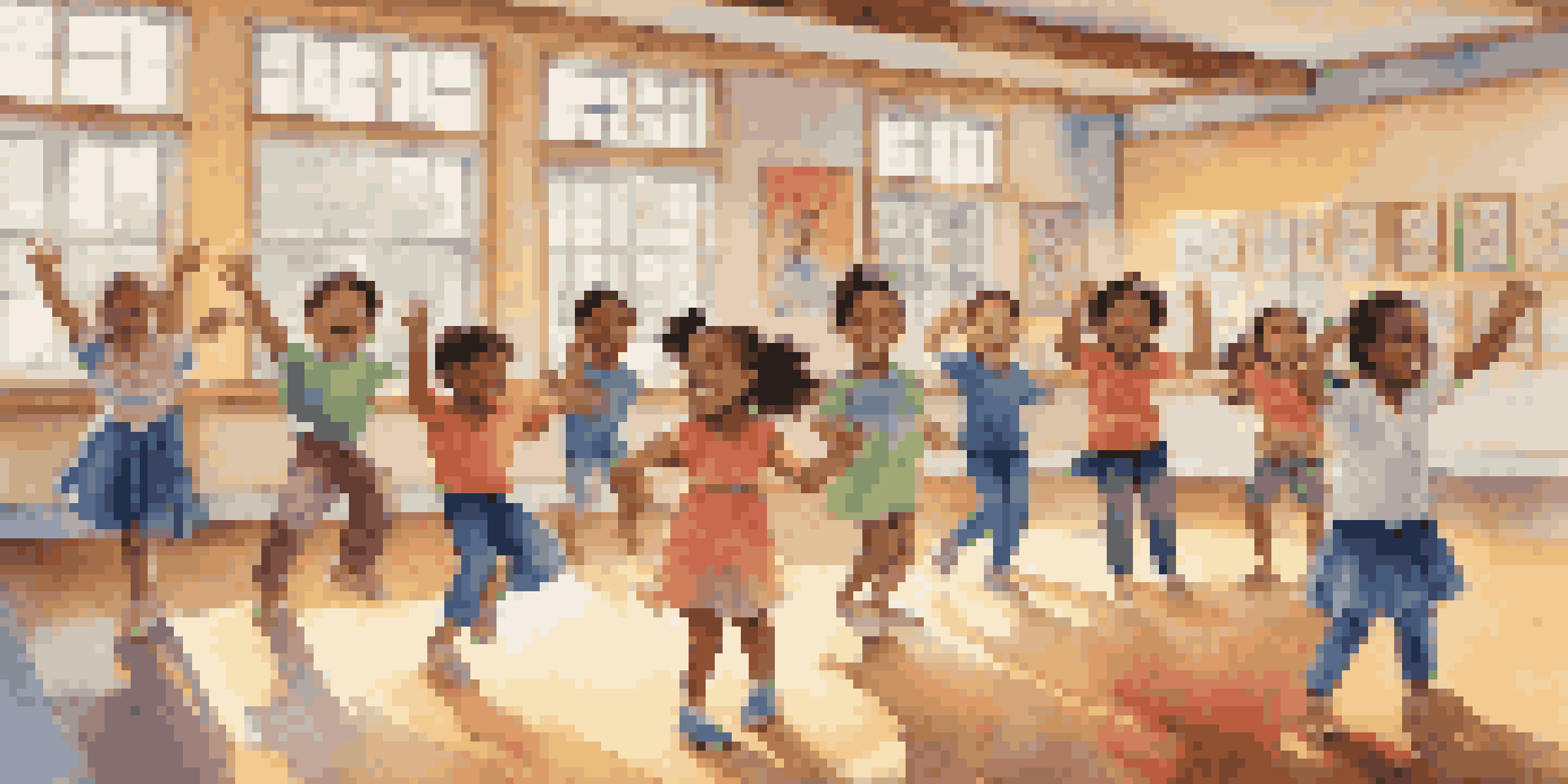 A lively classroom with children of different backgrounds dancing and expressing emotions, illuminated by natural light.