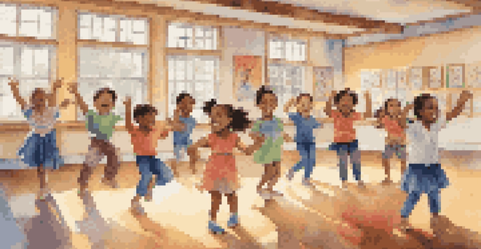 A lively classroom with children of different backgrounds dancing and expressing emotions, illuminated by natural light.