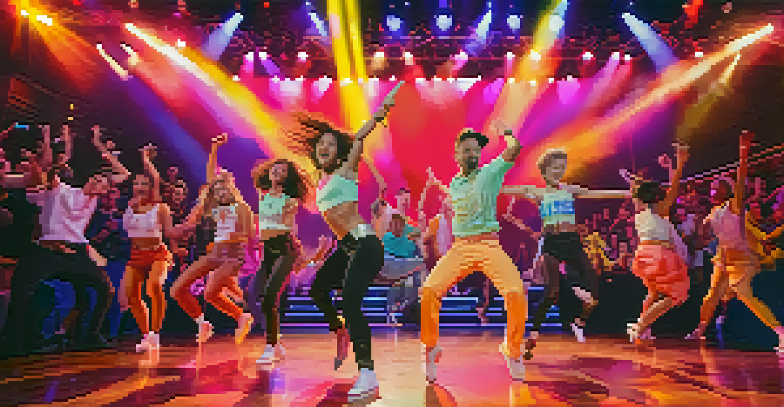 A lively dance performance on stage with dancers in motion and an enthusiastic audience capturing the moment.