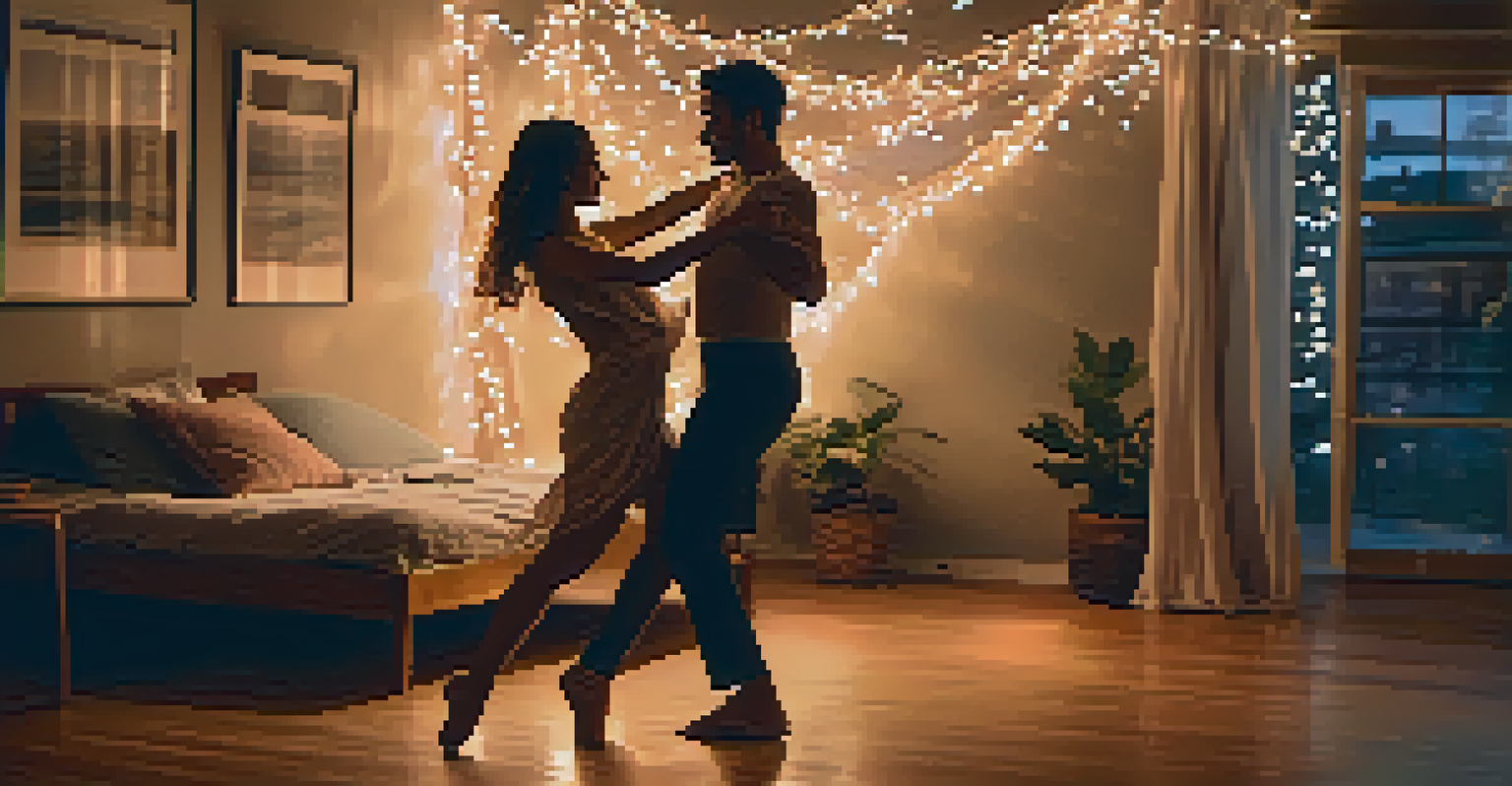 Two dancers improvising in a cozy room illuminated by string lights, showcasing a deep emotional connection through movement.