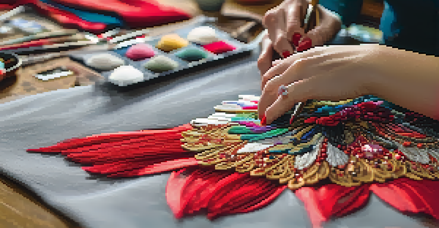 A close-up of a costume designer's hands sewing a vibrant red dance costume, with fabric swatches and tools around.