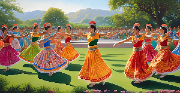 A group of dancers in colorful costumes performing in an outdoor setting, surrounded by greenery and an engaged audience.