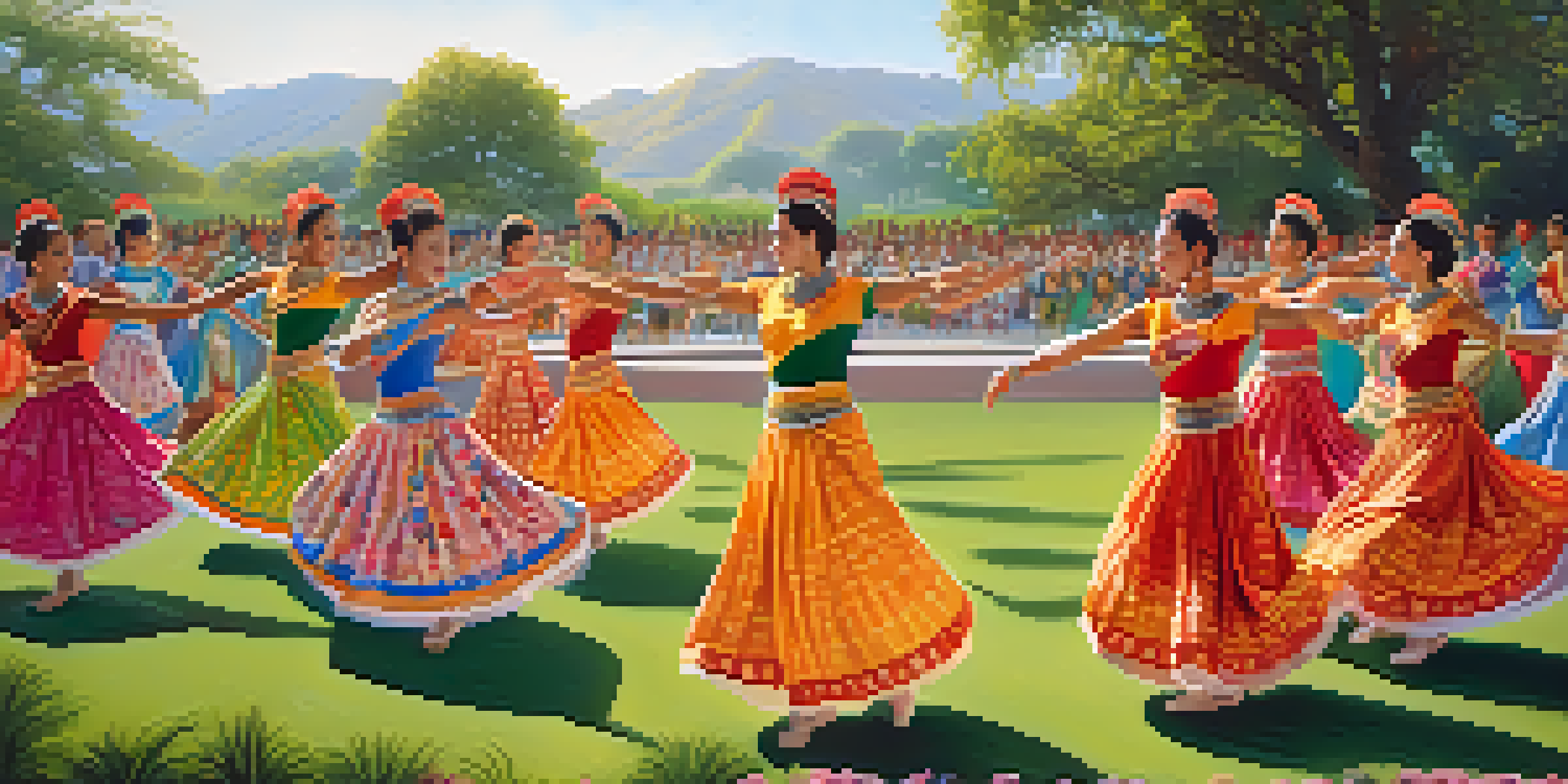 A group of dancers in colorful costumes performing in an outdoor setting, surrounded by greenery and an engaged audience.