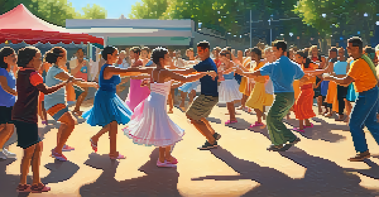 A grandmother and granddaughter enjoying a salsa dance workshop at a festival, surrounded by other dancers in a sunny outdoor setting.