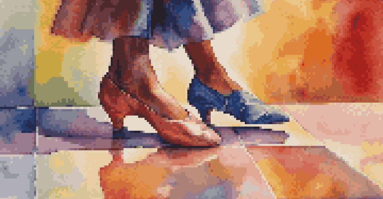 A close-up of a dancer's feet executing a dance move on a colorful dance floor, highlighting the rhythm and energy of the performance.