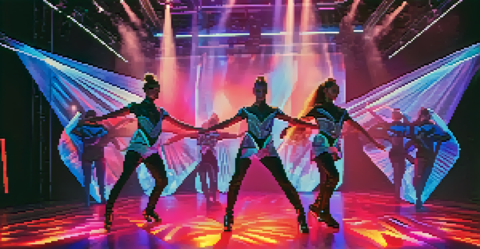 Dancers in high-tech costumes performing on a colorful, illuminated stage.