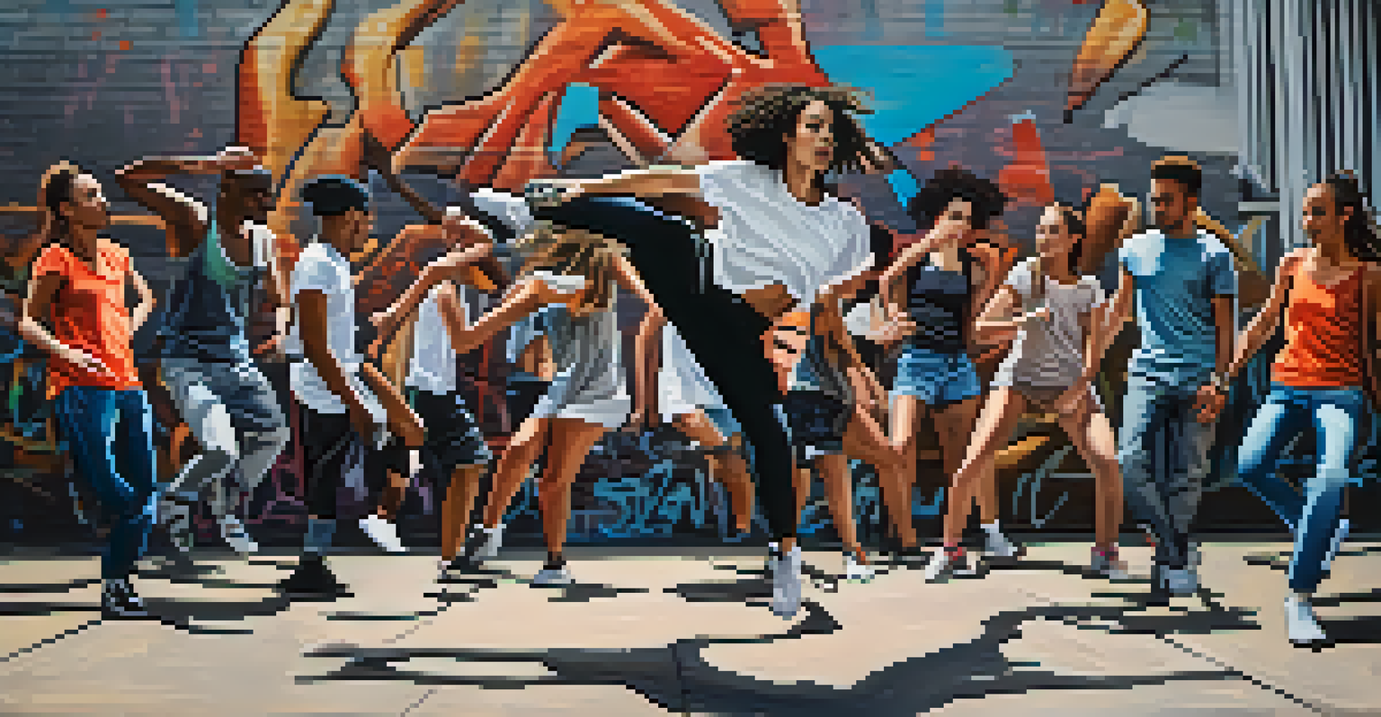 Diverse dancers performing street dance in front of a graffiti wall, showcasing high energy and movement.