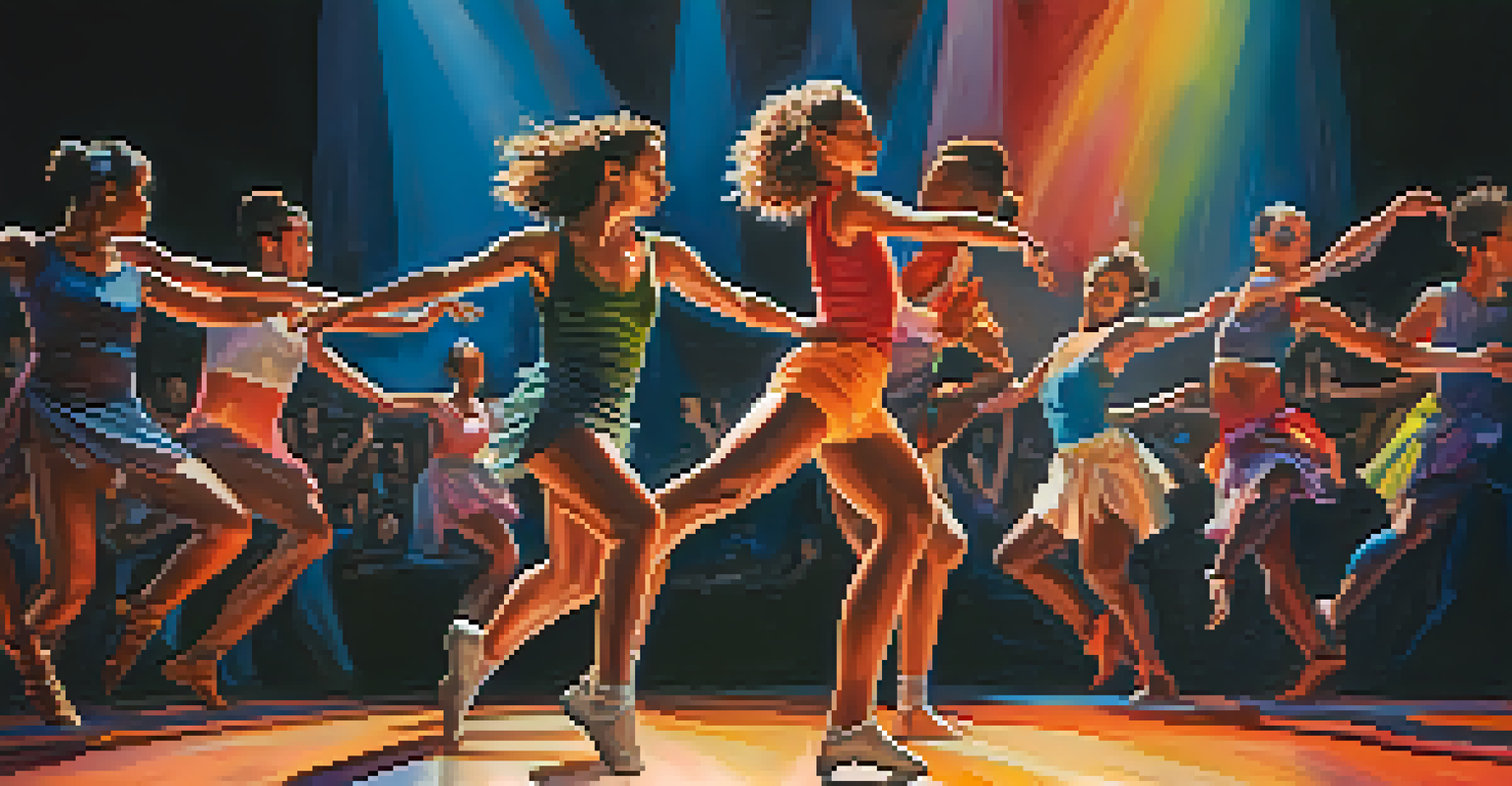 Dancers performing a dynamic routine on stage, blending various dance styles with colorful lighting.