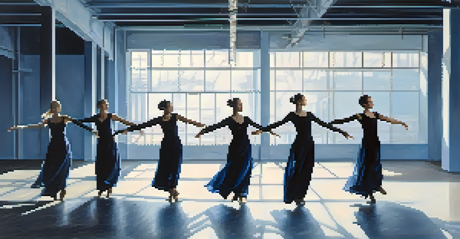 Contemporary dancers in minimalist outfits performing against an industrial backdrop with dynamic blue lighting.