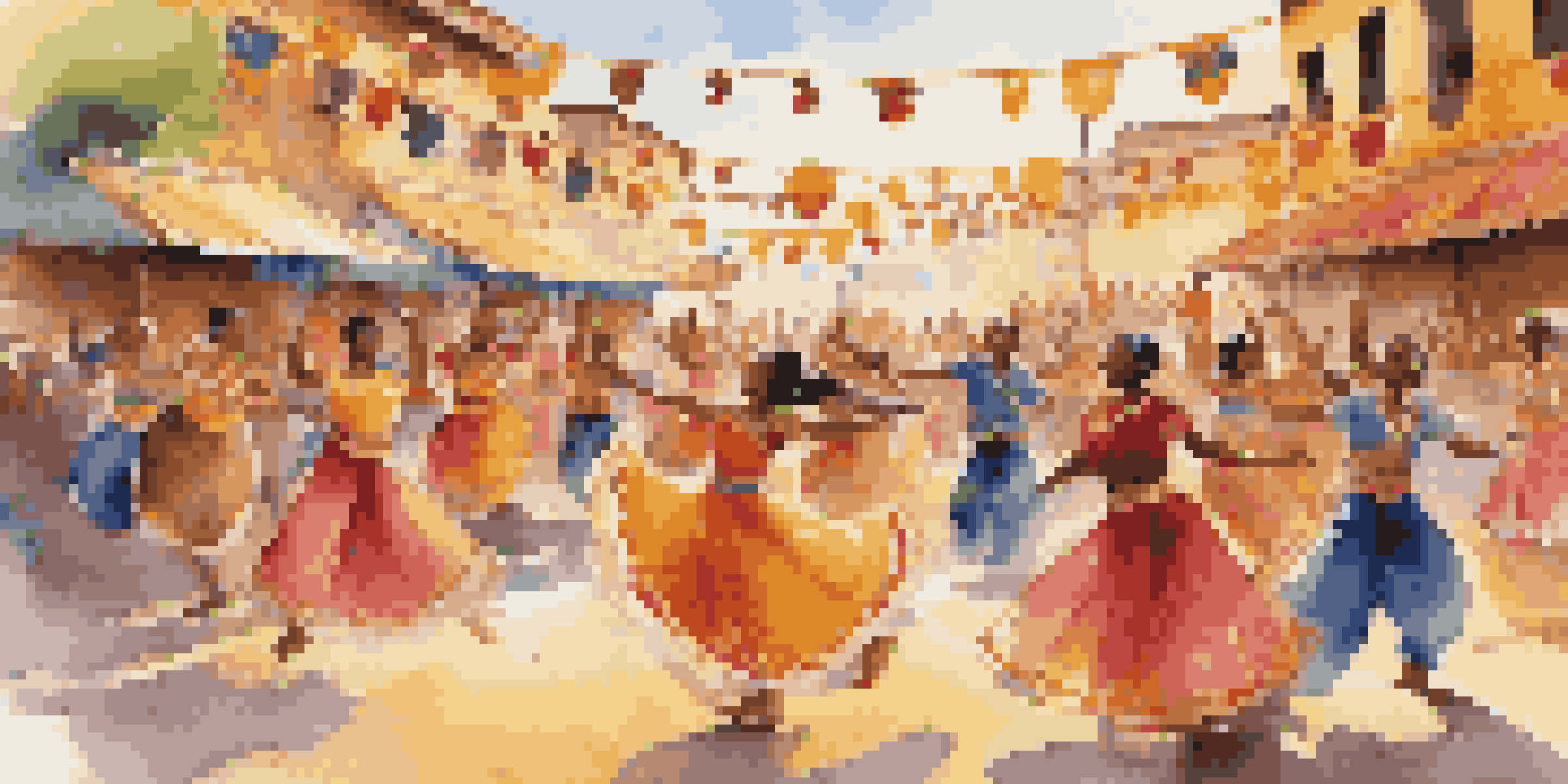 A lively cultural festival with dancers of different backgrounds performing in colorful attire, surrounded by decorations and an enthusiastic crowd.