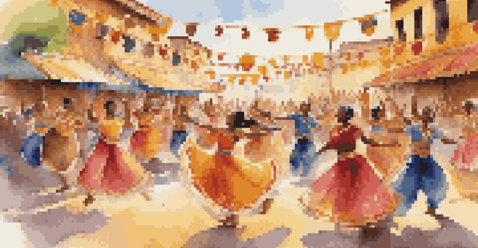 A lively cultural festival with dancers of different backgrounds performing in colorful attire, surrounded by decorations and an enthusiastic crowd.