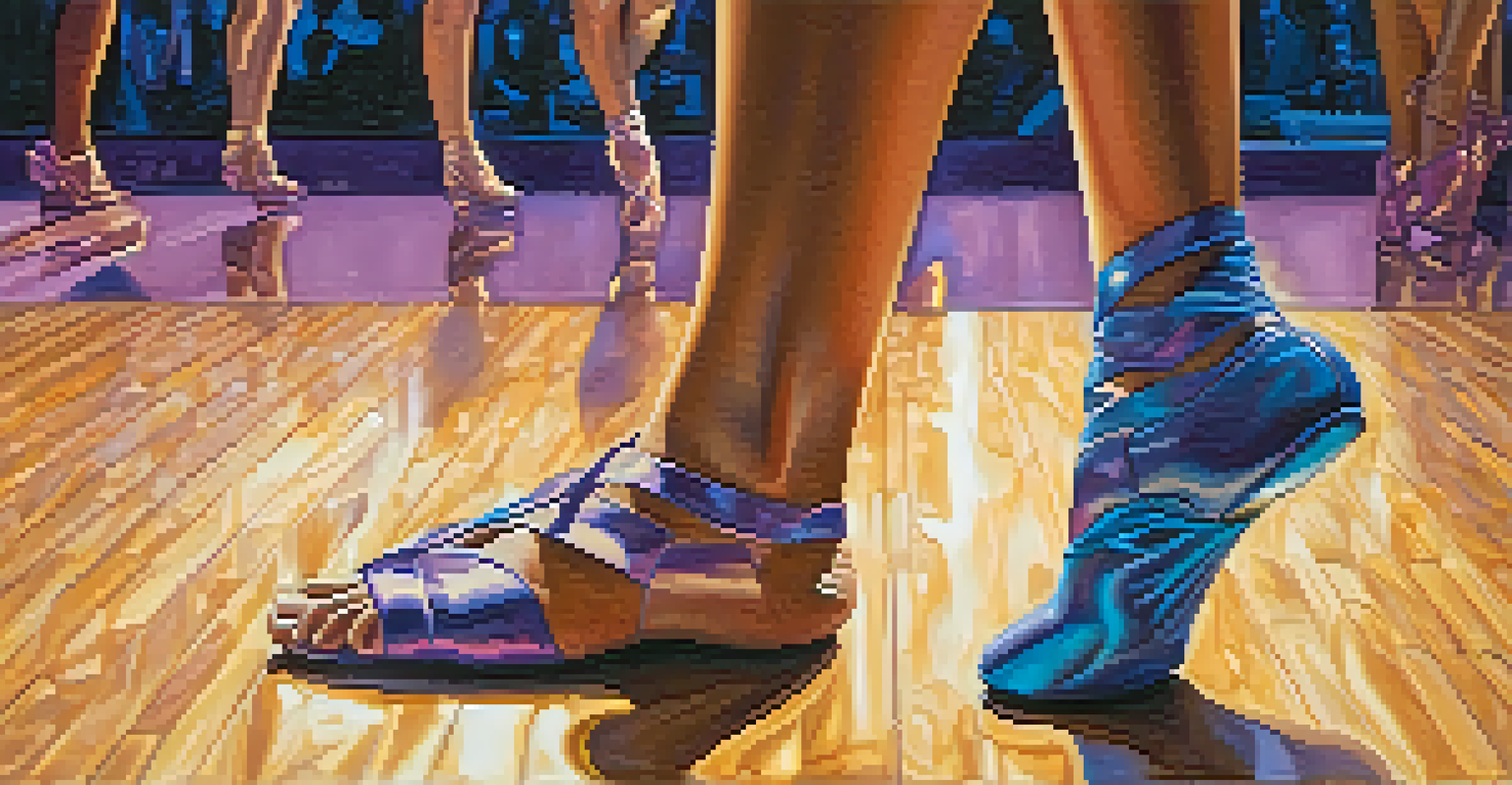 Close-up of a dancer's feet performing intricate footwork on a polished wooden floor.