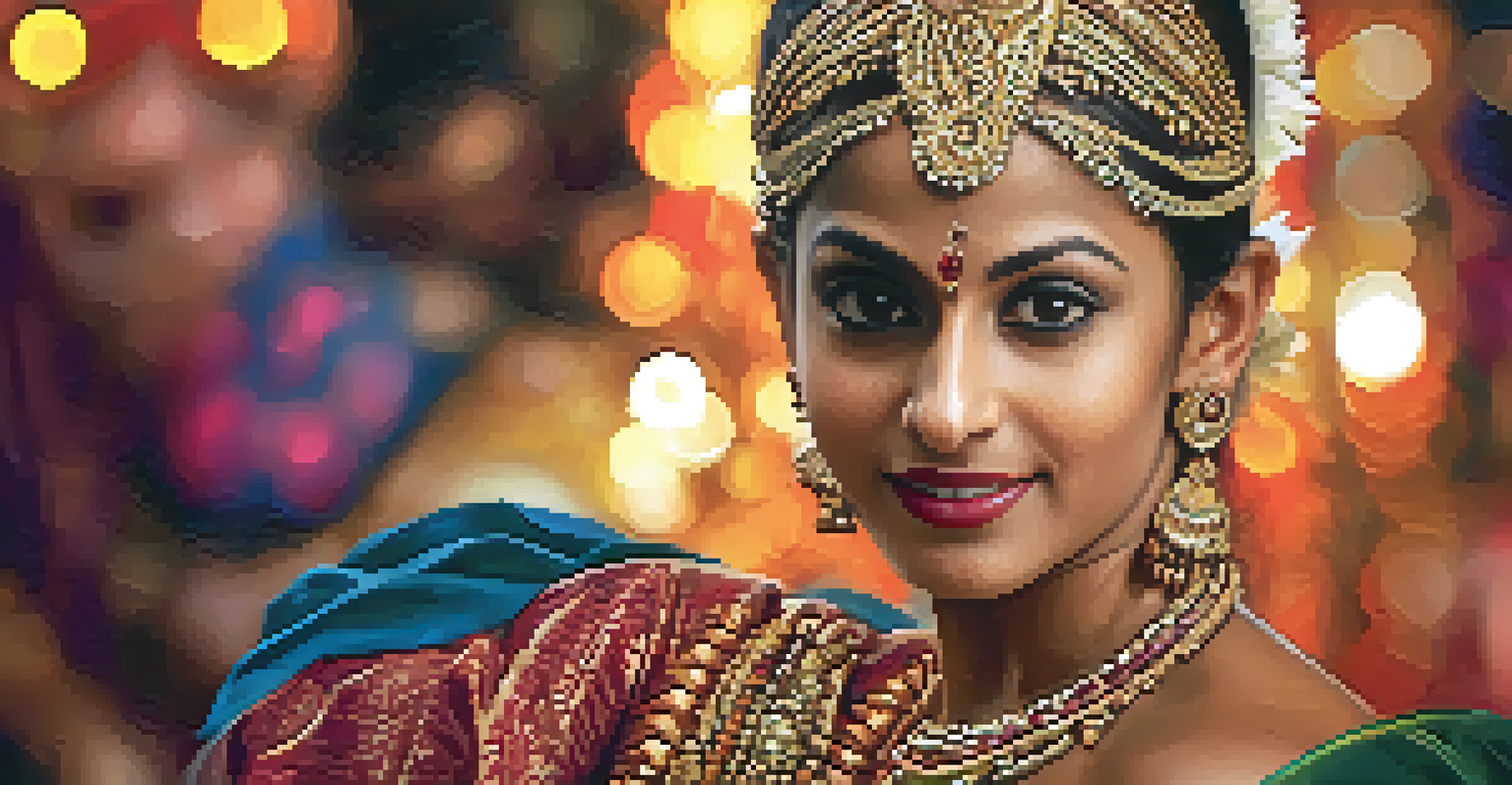 A close-up of a Bharatanatyam dancer's expressive face with intricate makeup and a traditional headdress, conveying deep emotion.