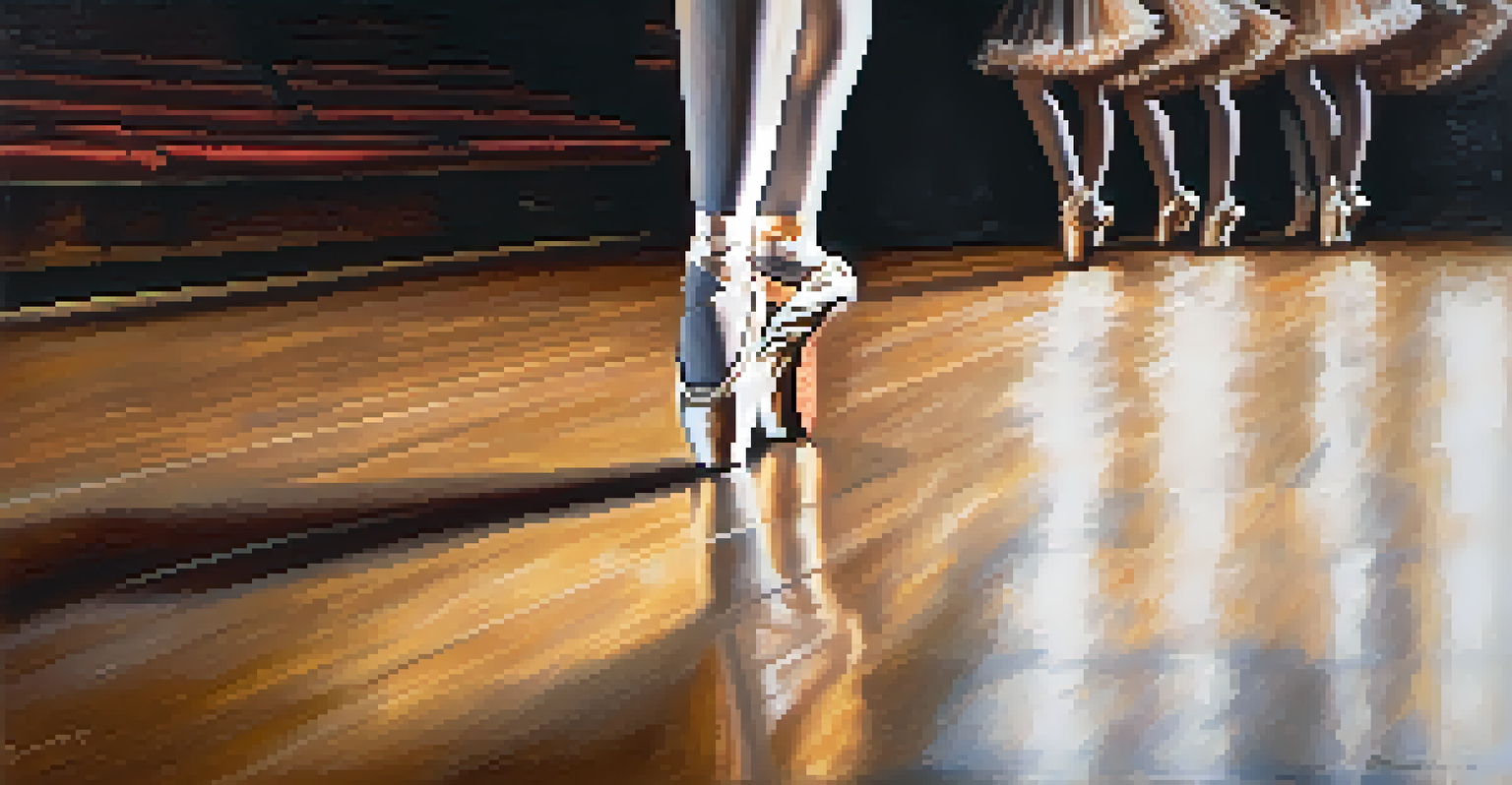 A close-up of a dancer's feet in ballet shoes, showcasing intricate footwork on a polished wooden floor, illuminated by a spotlight.