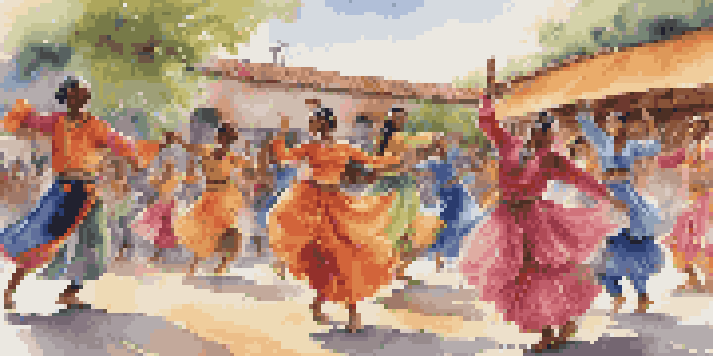 A lively outdoor dance performance with dancers in traditional attire from different cultures, showcasing a variety of dance styles.