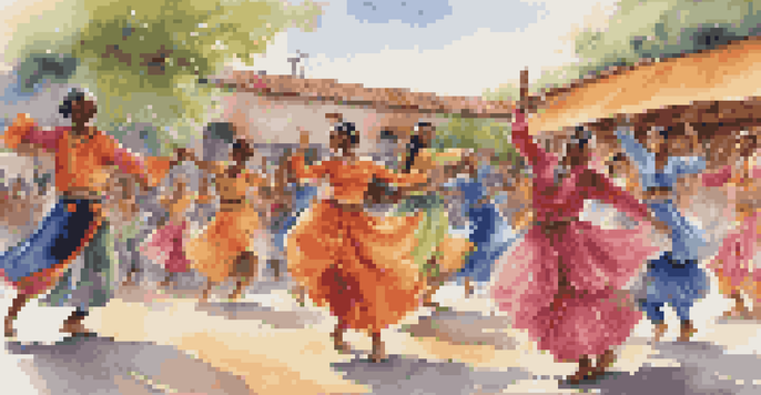 A lively outdoor dance performance with dancers in traditional attire from different cultures, showcasing a variety of dance styles.