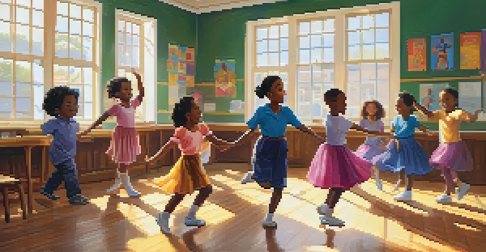 A diverse group of children joyfully participating in a dance lesson in a brightly lit classroom.