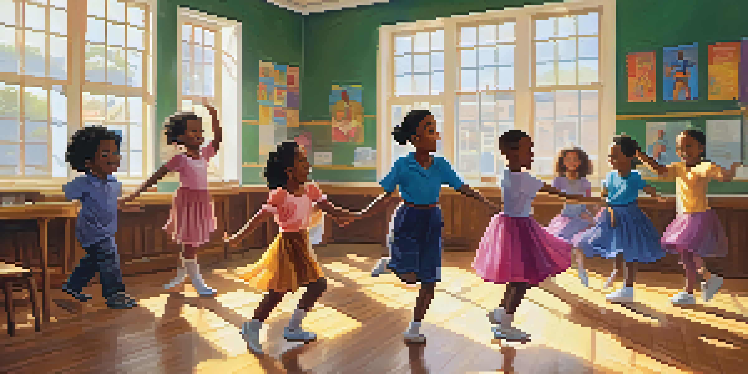 A diverse group of children joyfully participating in a dance lesson in a brightly lit classroom.