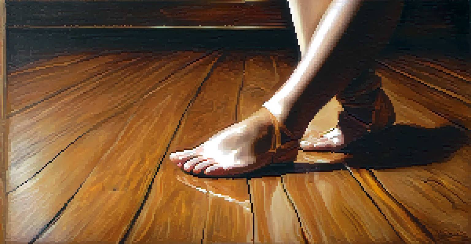 Close-up of a dancer's feet on wooden floor during a slow, heavy dance movement, conveying sadness.