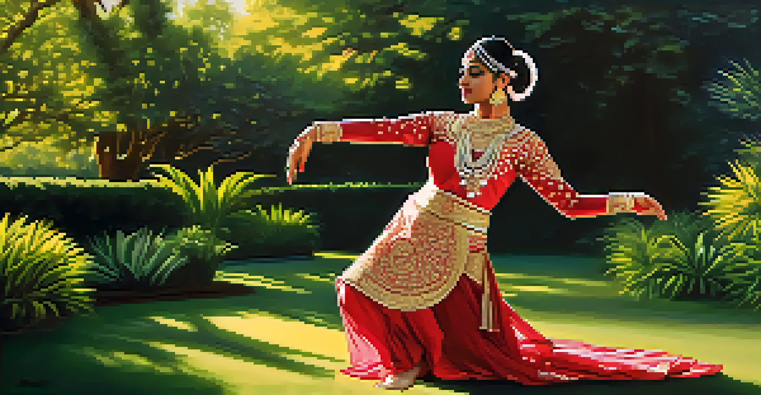 A traditional Indian dancer in a colorful costume performing in a lush garden, with sunlight filtering through the trees.
