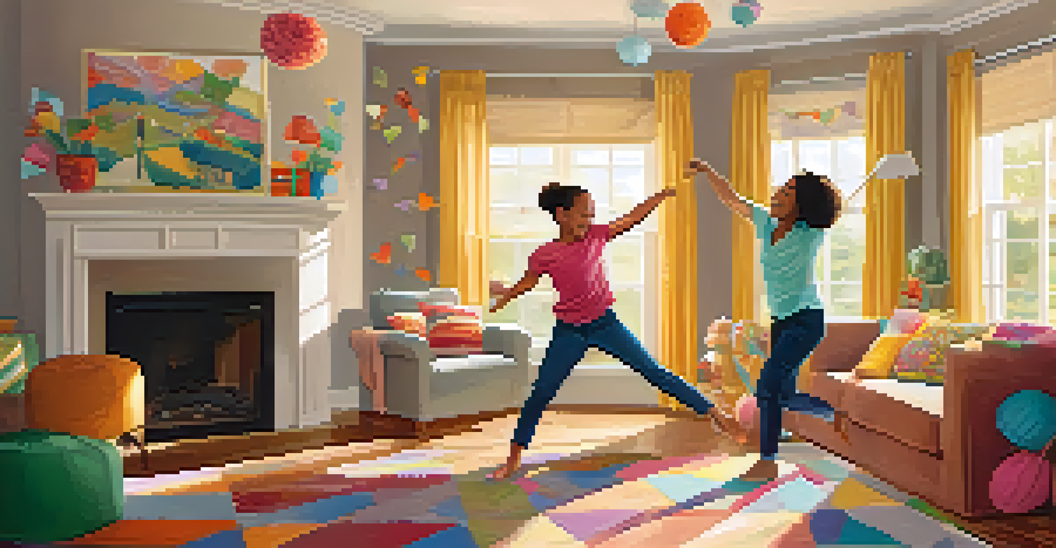 A warm and inviting image of a parent and child dancing together in a cozy living room, showcasing their emotional bond and joy.