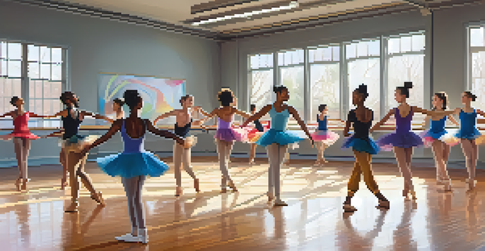 A lively dance studio with diverse dancers practicing different styles, illuminated by soft natural light.