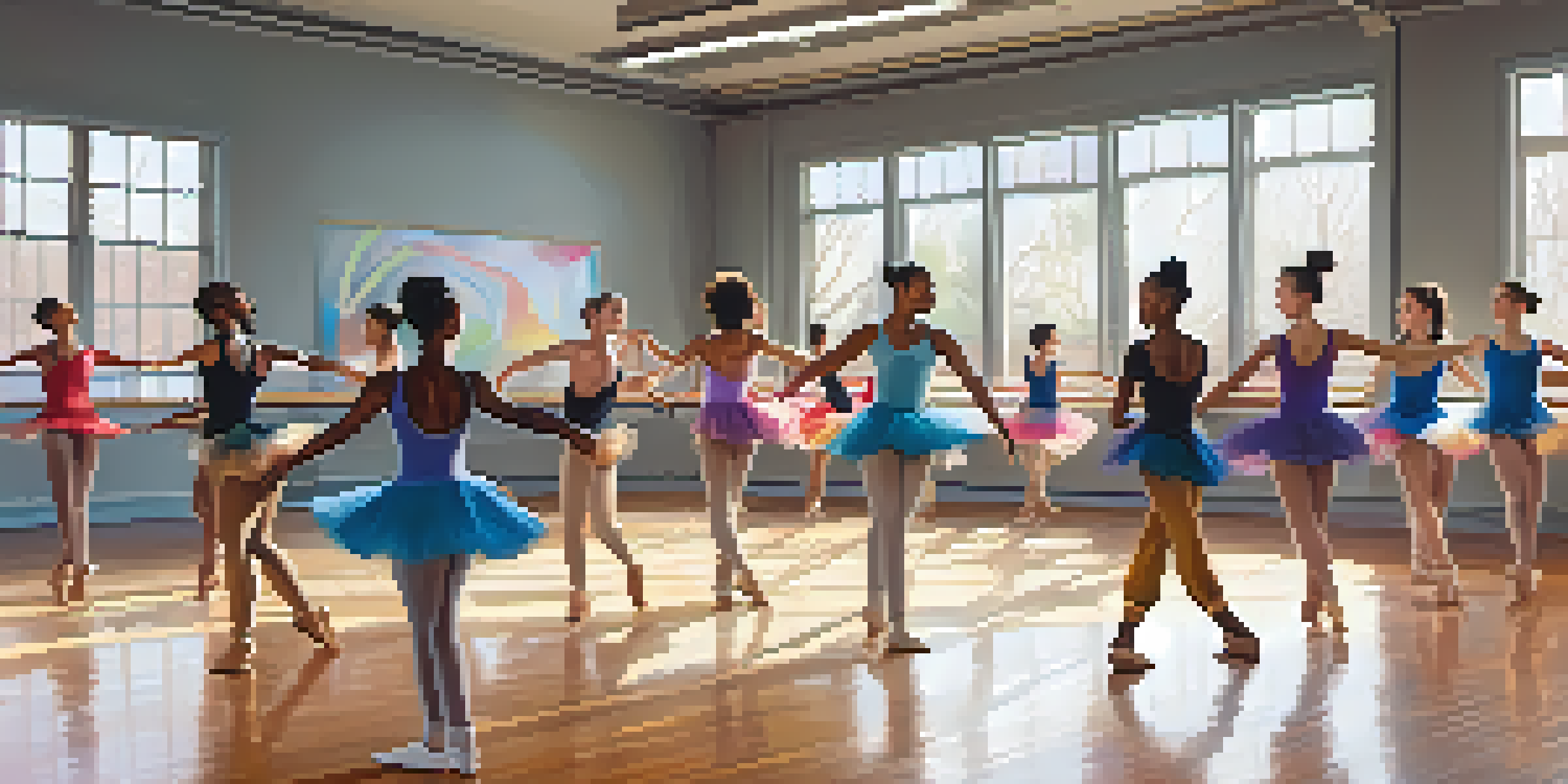 A lively dance studio with diverse dancers practicing different styles, illuminated by soft natural light.