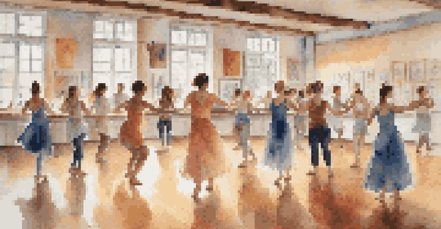 A dance workshop at a festival with an instructor teaching a diverse group of enthusiastic participants in a brightly lit room.
