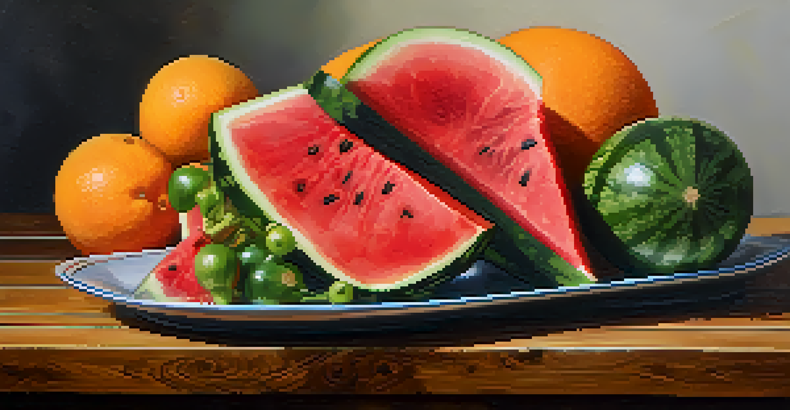 A vibrant fruit platter with watermelon, oranges, and cucumbers arranged beautifully on a wooden table.