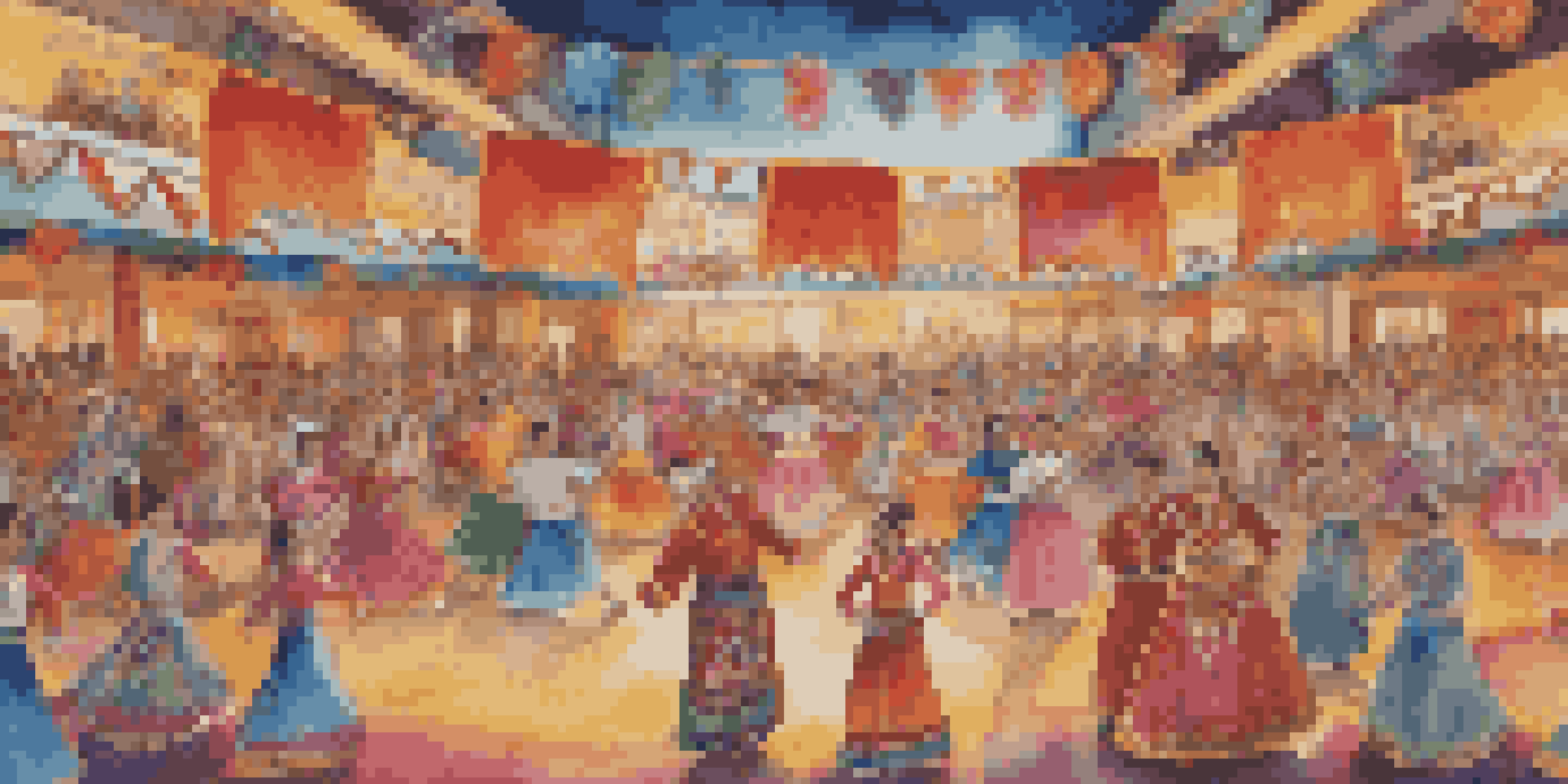 A colorful cultural festival with folk dancers in traditional costumes performing on stage, surrounded by an engaged audience.