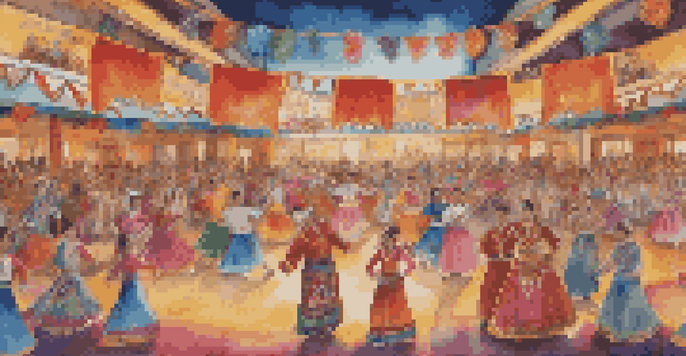 A colorful cultural festival with folk dancers in traditional costumes performing on stage, surrounded by an engaged audience.