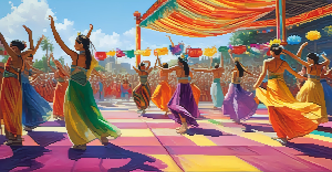 A lively outdoor dance festival with emerging dancers performing on stage in colorful costumes, surrounded by an engaged audience and festive decorations.