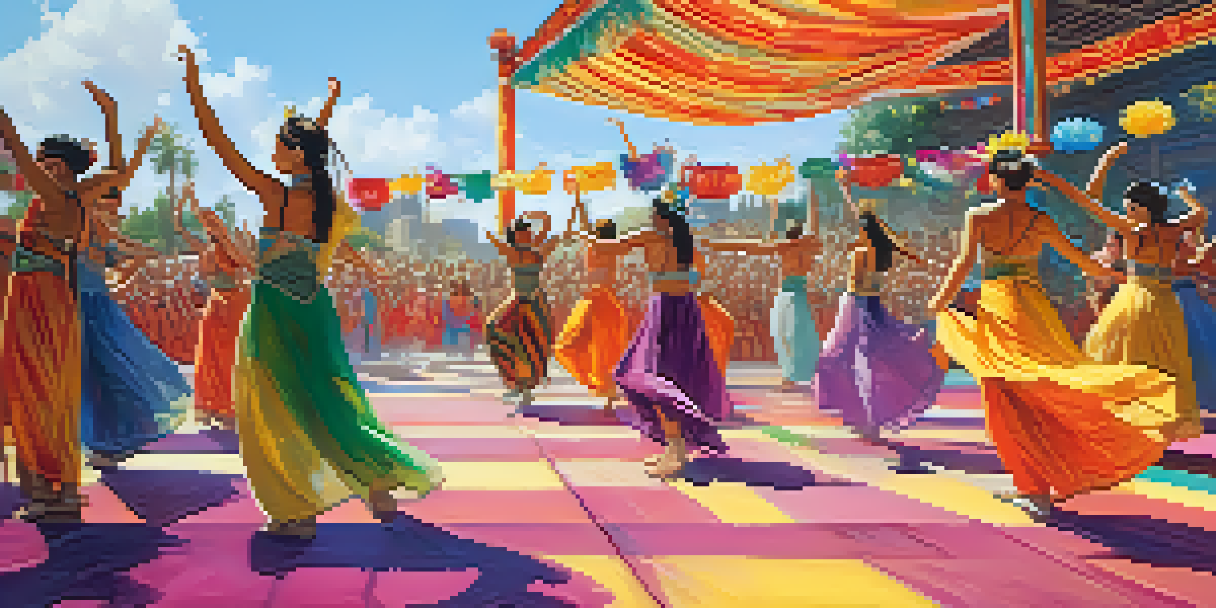 A lively outdoor dance festival with emerging dancers performing on stage in colorful costumes, surrounded by an engaged audience and festive decorations.