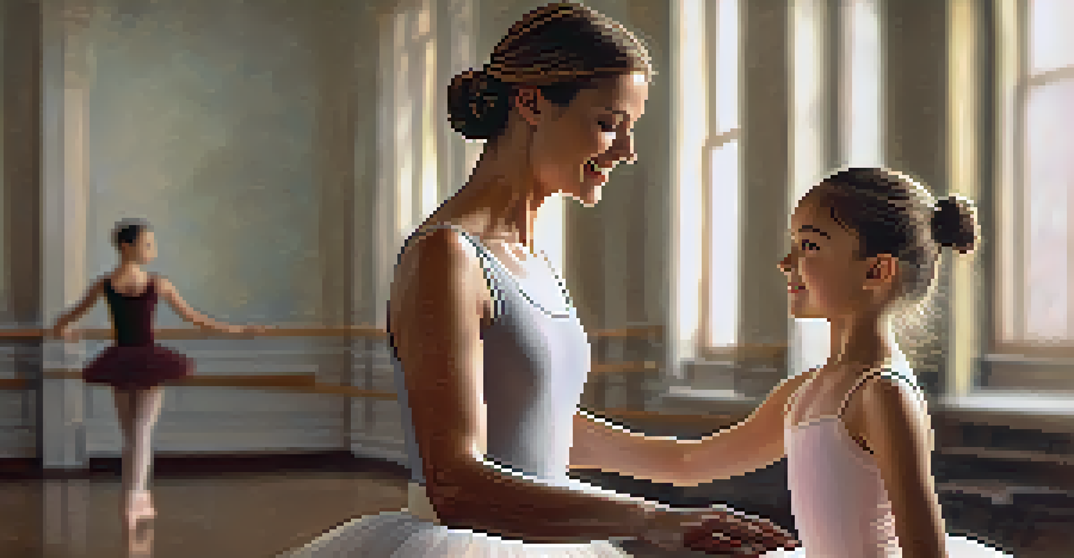 A close-up of a dance instructor teaching a young girl ballet in a well-lit studio, emphasizing their connection and guidance.