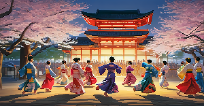 A group of dancers in colorful yukatas performing the Bon Odori dance under cherry blossom trees and vibrant lanterns, with a sunset in the background.