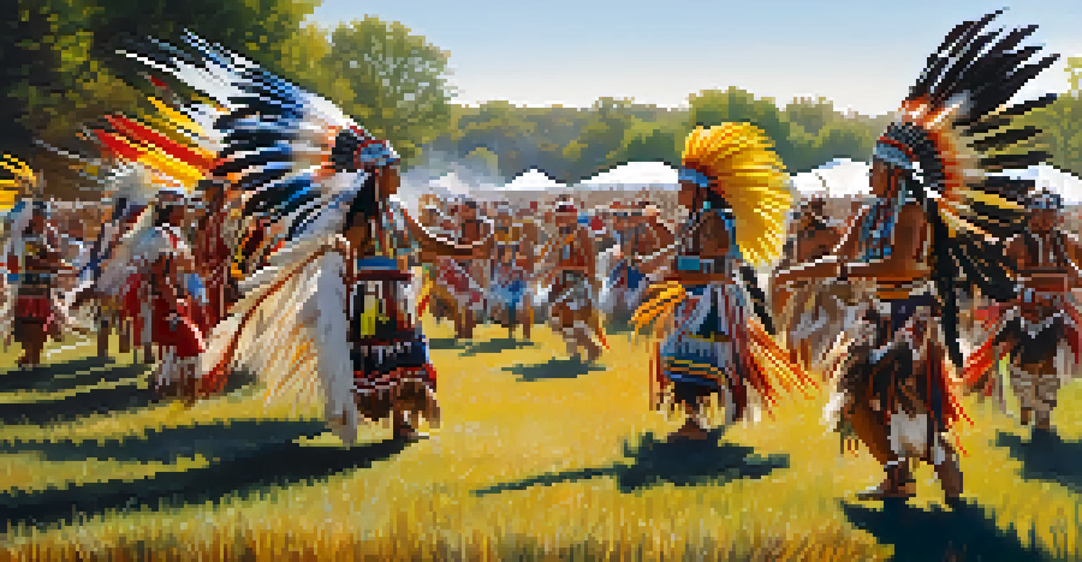 Dancers in traditional Native American attire performing at a powwow, with colorful regalia and a sunny outdoor setting.