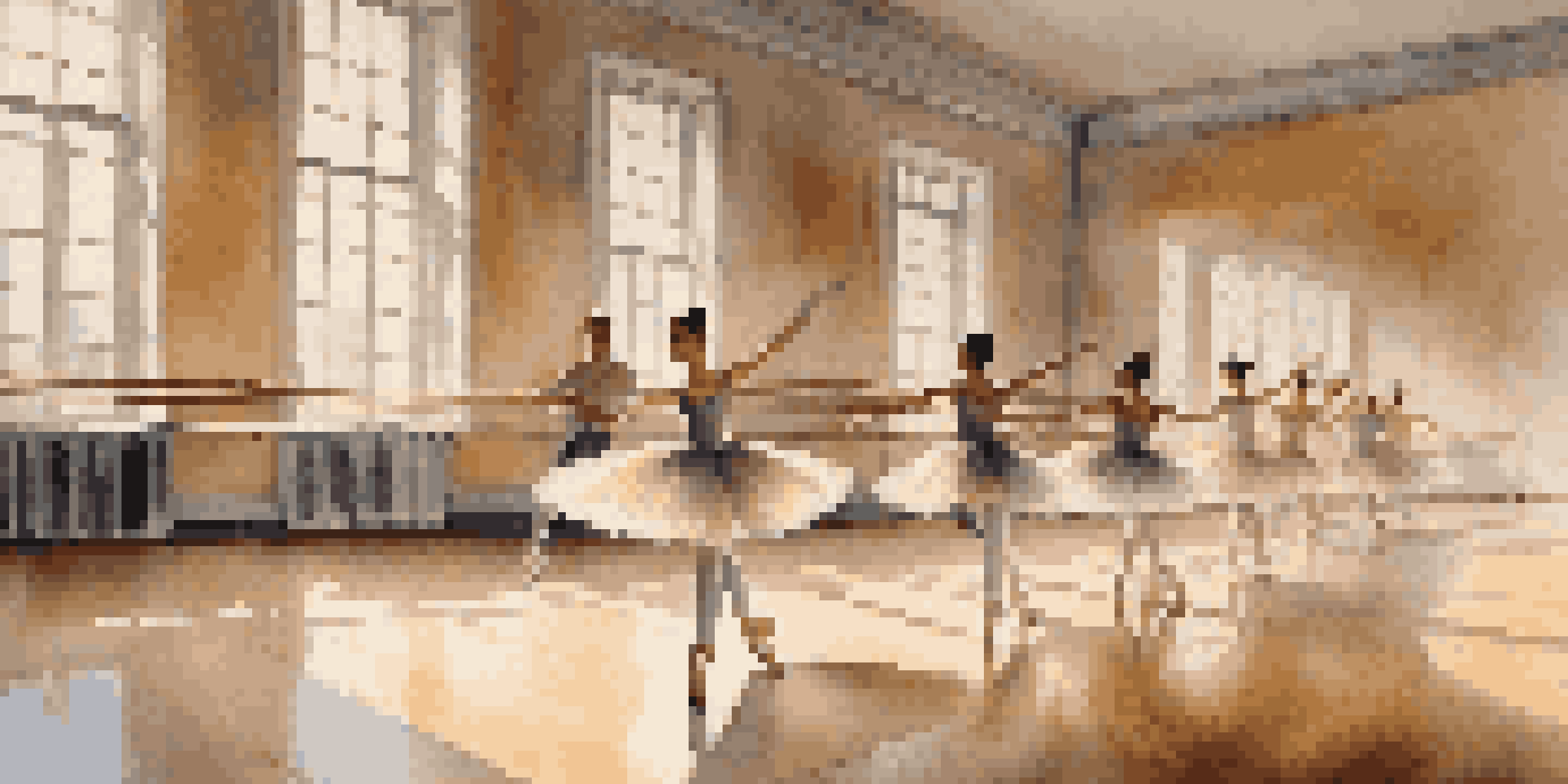 A ballet studio featuring dancers practicing with Labanotation symbols visible in the background, illuminated by sunlight.