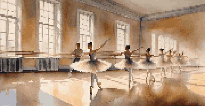 A ballet studio featuring dancers practicing with Labanotation symbols visible in the background, illuminated by sunlight.